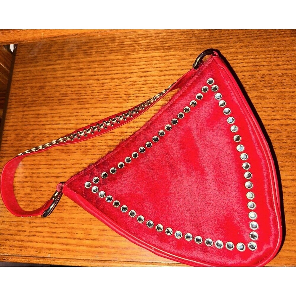 VTG B.B. Simon Red Dyed Cow Fur Bejeweled Hand Bag Red Leather Zip EUC